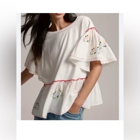 By Anthropologie Embroidered Flutter Sleeve Babydoll Blouse Top medium $98 - Picture 2 of 7
